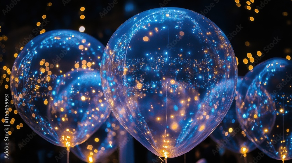 Transparent balloons glowing with stars and lights at celebration event Transparent balloons glowing with stars and lights at celebration event