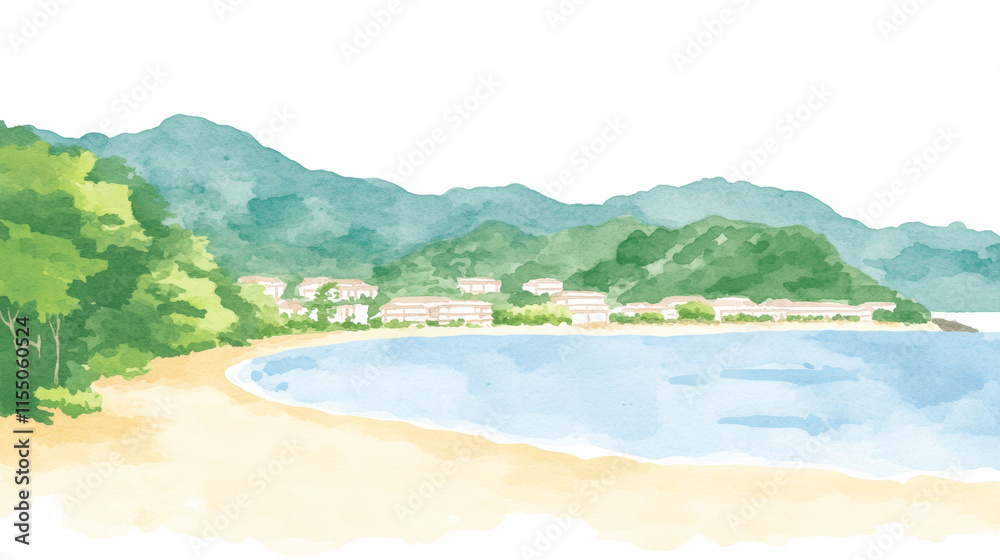 serene beach scene with gentle waves and lush greenery serene beach scene with gentle waves and lush greenery