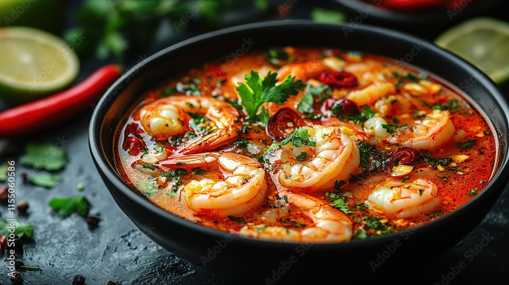 Tom Yum Kung Thai hot spicy soup shrimp with lemon grass,lemon,galangal and chilli on wooden background Thailand Food Tom Yum Kung Thai hot spicy soup shrimp with lemon grass,lemon,galangal and chilli on wooden background Thailand Food
