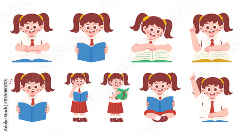 Female Elementary Student Reading Book and Raising Hand