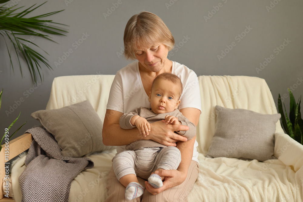 A loving grandmother sits on a soft couch, holding her cute grandson. Morning light fills the cozy living room, creating a warm atmosphere filled with tenderness and connection A loving grandmother sits on a soft couch, holding her cute grandson. Morning light fills the cozy living room, creating a warm atmosphere filled with tenderness and connection