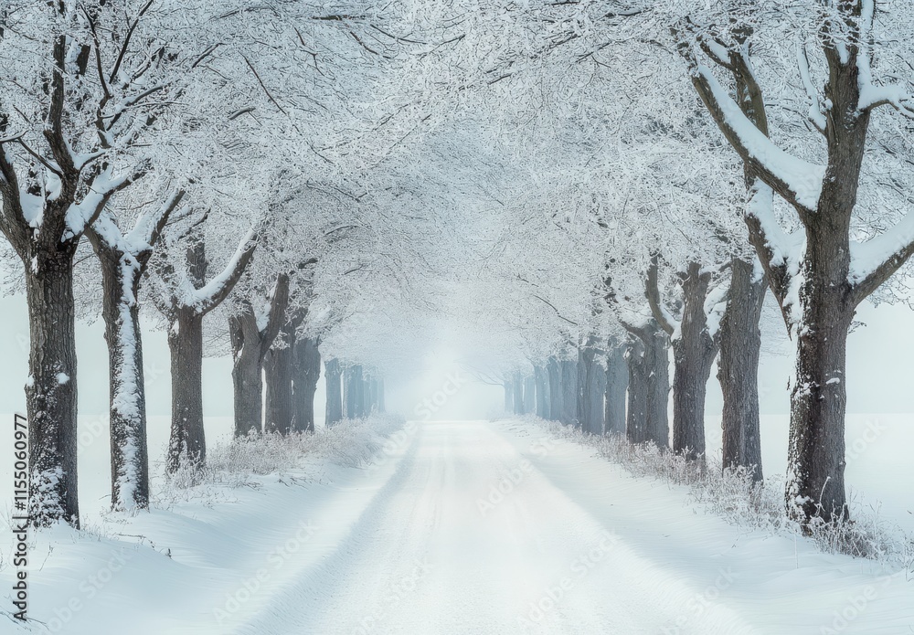 Naklejka premium Tranquil Winter Scene with Snow-Covered Trees and a Misty Pathway Leading into the Light in a Serene and Peaceful Setting