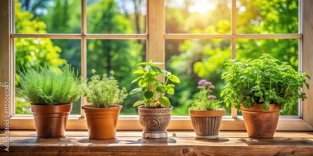 Three pots of herbs in a kitchen window on a sunny day, with lush greenery and vibrant flowers surrounding them, nature