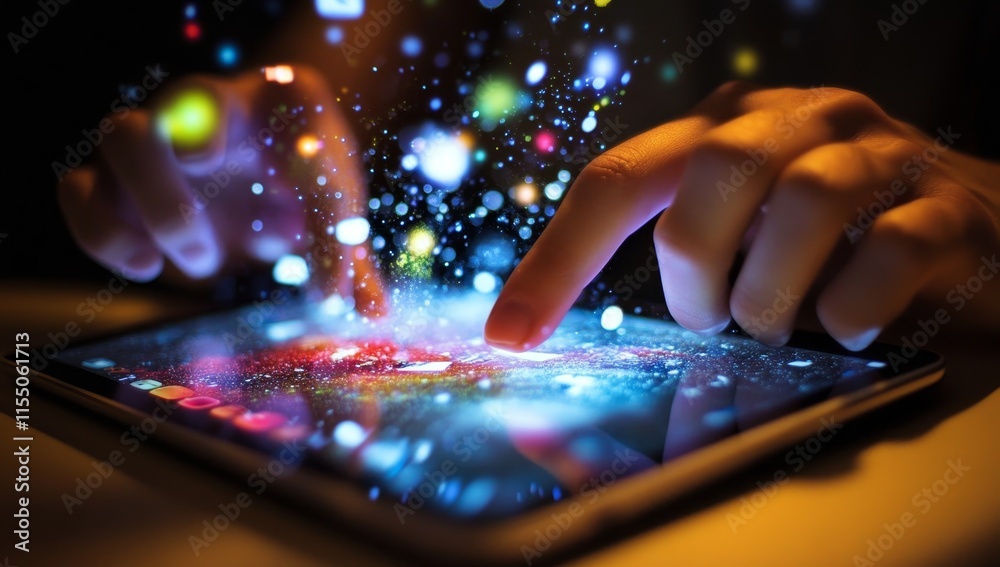 Fingers interacting with a vibrant, digital galaxy displayed on a tablet screen. Fingers interacting with a vibrant, digital galaxy displayed on a tablet screen.