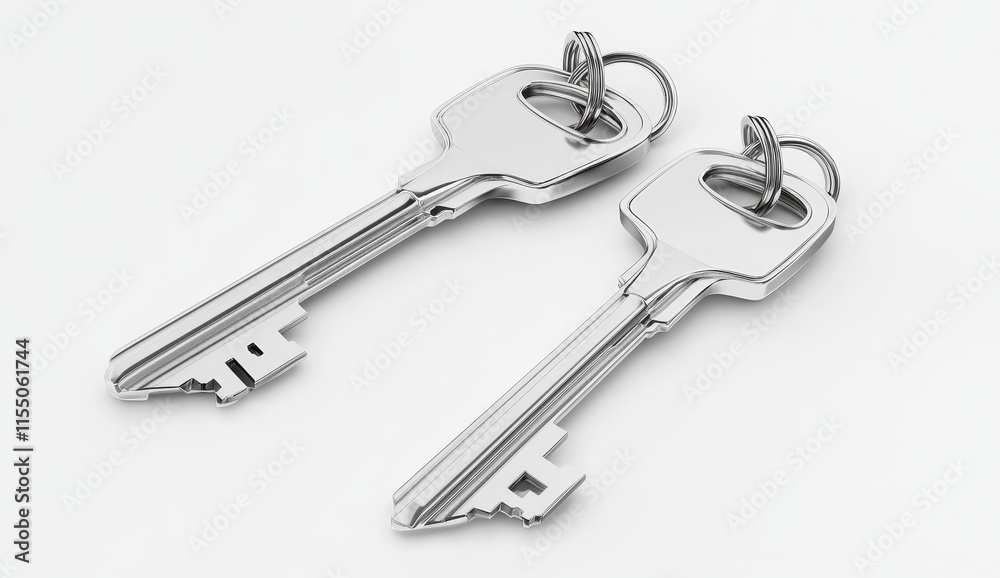 Two shiny metal keys on a keyring. Two shiny metal keys on a keyring.