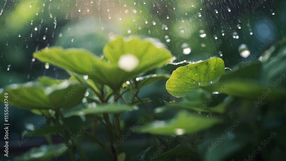 Raindrops Cascade on Lush Green Leaves in a Serene Garden During a Gentle Rain Shower Raindrops Cascade on Lush Green Leaves in a Serene Garden During a Gentle Rain Shower