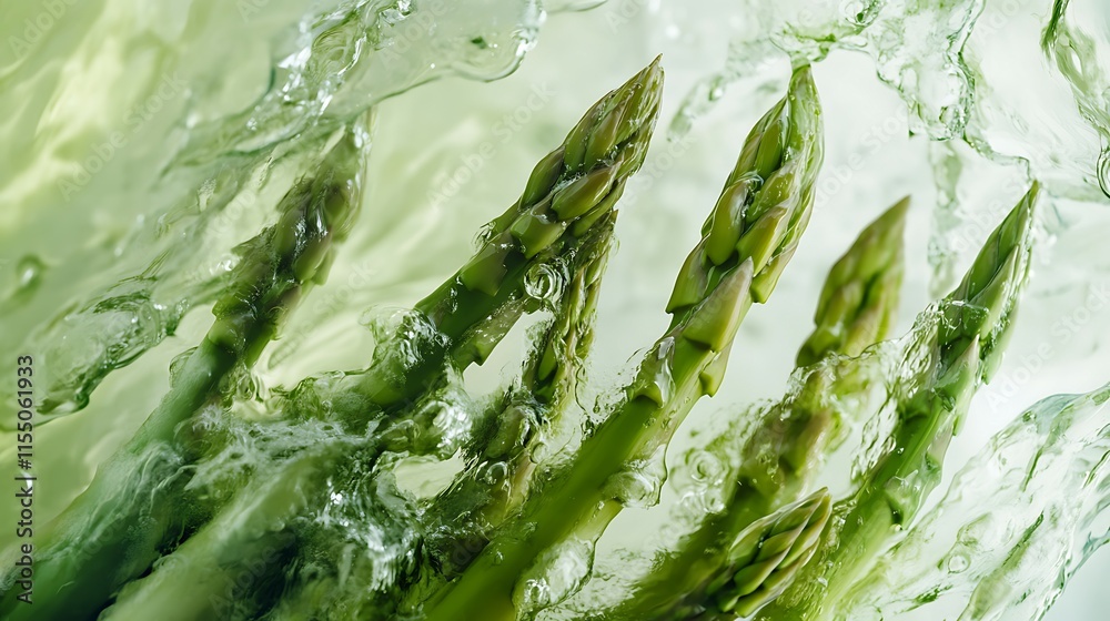 Obraz premium Asparagus in water with bubbles on white background, closeup