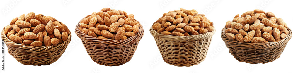Almonds in a basket isolated on white background. Collection Set Png. Almonds in a basket isolated on white background. Collection Set Png.