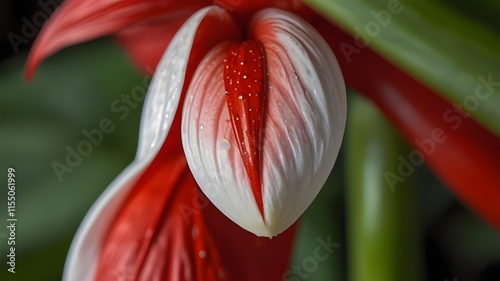 A close-up of a flamingo flower with its glossy red surface and white spadix photo