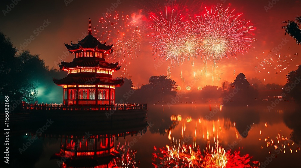 Fototapeta premium Red Chinese pagoda by a lake at night, fireworks exploding in the sky.