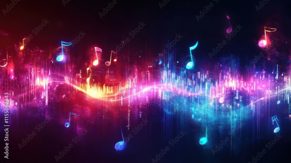 Vibrant Colorful Music Notes and Sound Waves on Dark Background Vibrant Colorful Music Notes and Sound Waves on Dark Background