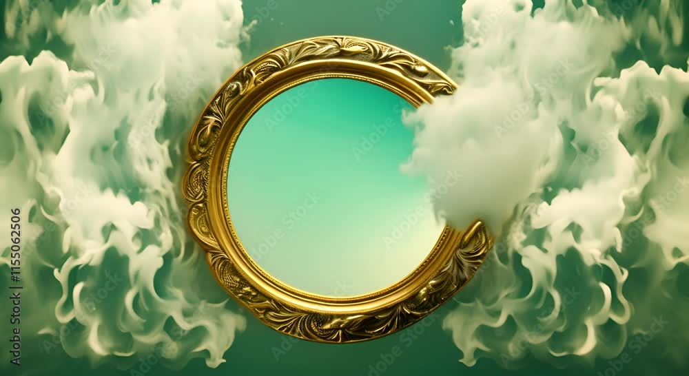 Ornate Round Decorative Golden Mirror Surrounded by Mystical Smoke and Reflection on Teal and Green Backgrounds