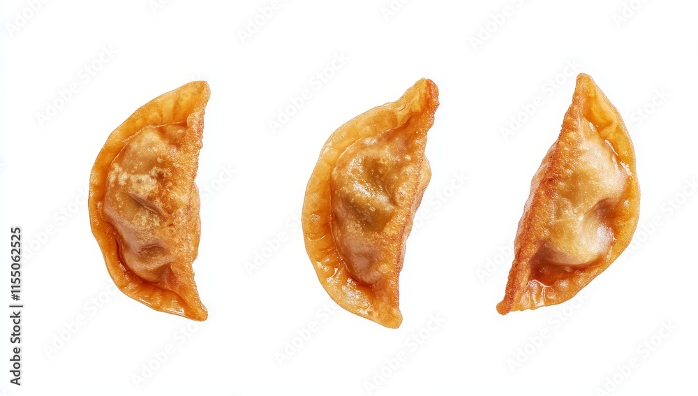 Three golden-brown pan-fried dumplings isolated on white background. (3) Three golden-brown pan-fried dumplings isolated on white background. (3)