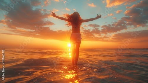 happy woman jumping in the sea at sunset. photo