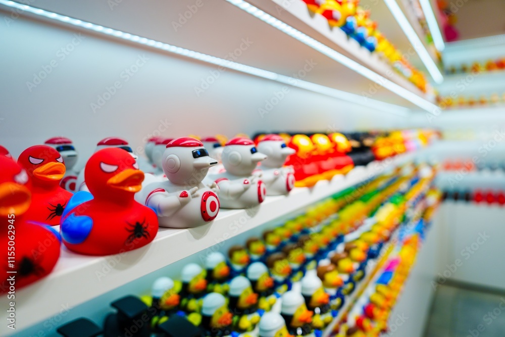 Fototapeta premium A vibrant collection of rubber ducks in various colors and sizes is displayed neatly on white shelves. Each duck has its unique design, creating a cheerful and playful atmosphere in the room.