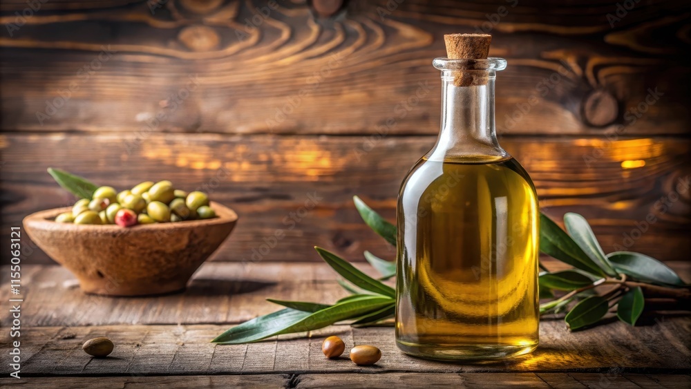 A glass bottle of olive oil with a wooden cork stopper and a rustic background, filled with golden liquid , bottle, oil, bottle A glass bottle of olive oil with a wooden cork stopper and a rustic background, filled with golden liquid , bottle, oil, bottle