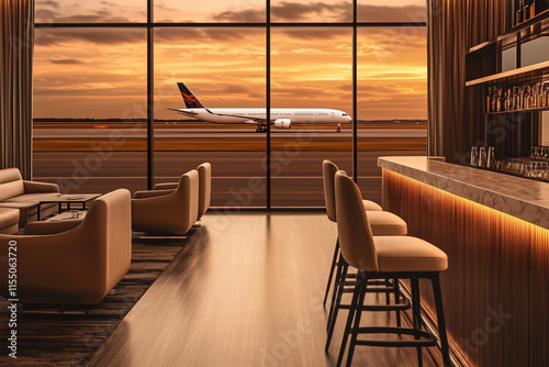 Luxurious airport lounge with sunset view and airplane outside Generative Ai photo