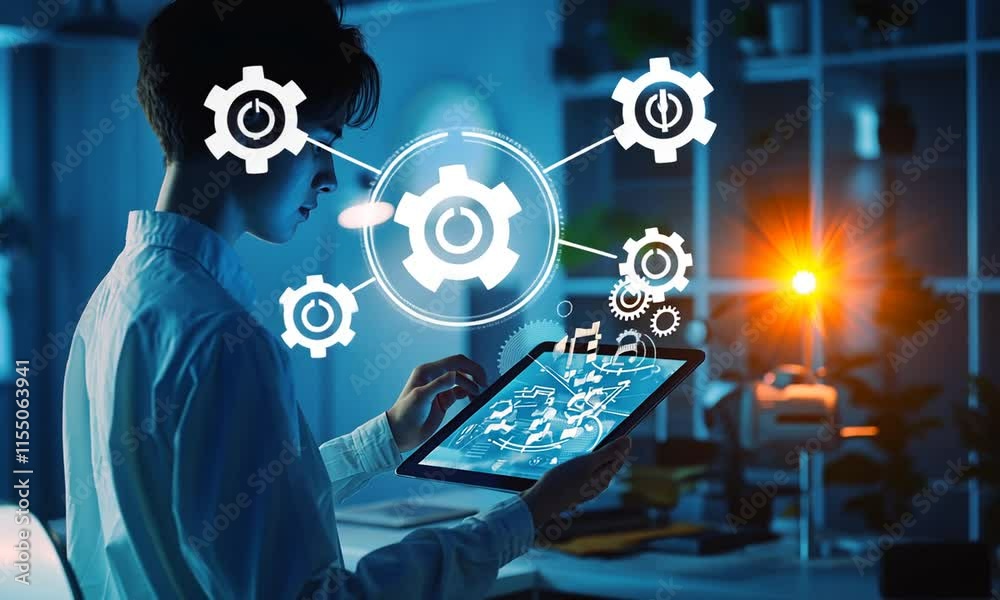 Innovative Technology:  A young person explores digital interfaces on a tablet, showcasing advanced technological interaction and futuristic design elements.