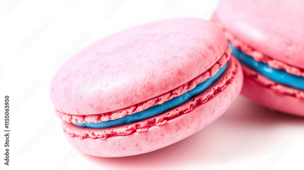 Close up of two pink macarons with blue filling. Sweet and delicious dessert. Close up of two pink macarons with blue filling. Sweet and delicious dessert.