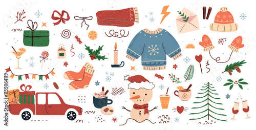 winter pattern, cute illustration.  tree, stars, dots, snow, simple  design. hand drawn doodles are isolated on a white background. A trend concept for print, banners, social networks, posters. vector