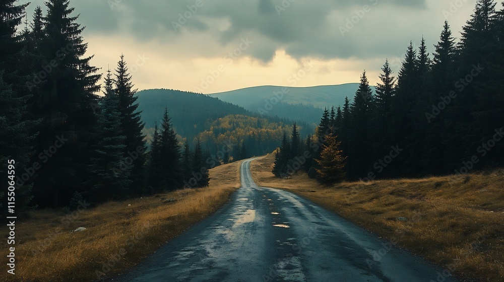 Obraz premium Serene Autumnal Road Winding Through Misty Mountain Landscape