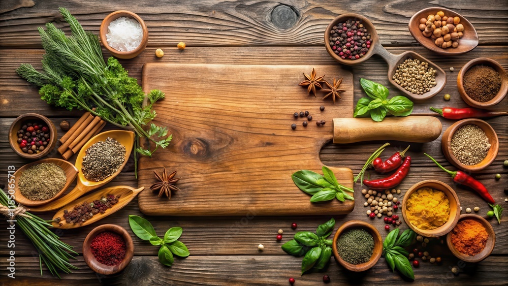 Aromatic herbs and spices on a wooden cutting board, aromatic, cutting board, aromatic Aromatic herbs and spices on a wooden cutting board, aromatic, cutting board, aromatic
