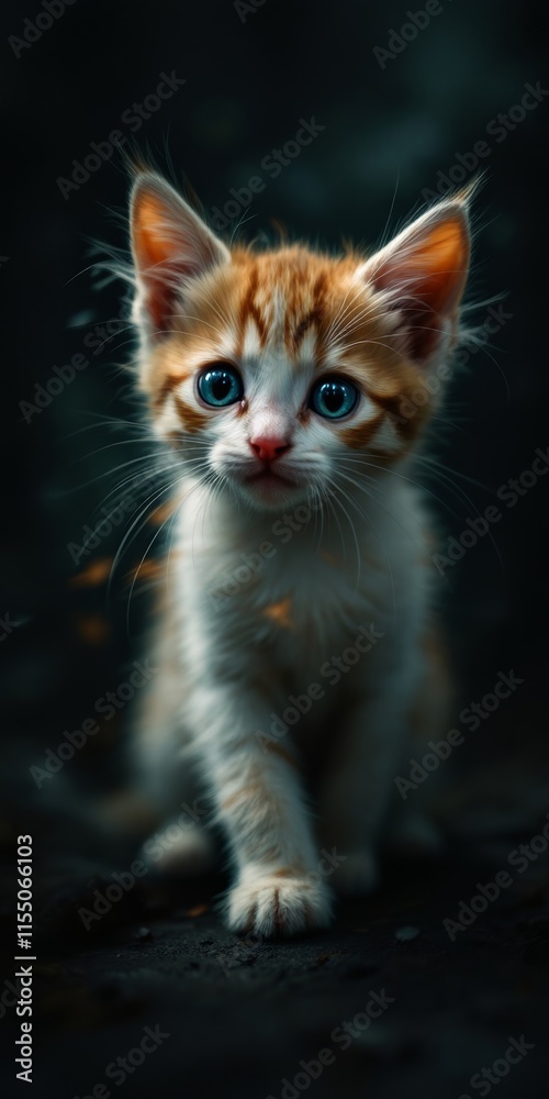 Orange and White Kitten with Blue Eyes on Dark Background Orange and White Kitten with Blue Eyes on Dark Background