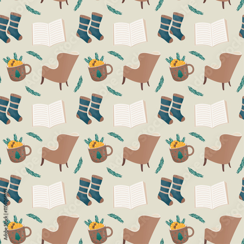Seamless Christmas pattern for packaging and wrapping paper. Brown chair and open book. Mug with mulled wine, rosemary and anise. Green striped socks and round orange slices on beige background.