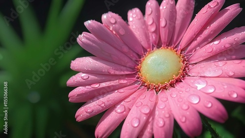 a single pink flower that is in the dirt with water on it's petals