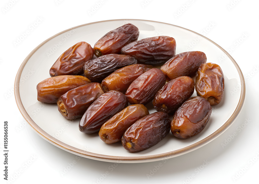 Plate of pitted dates fruit, Muslim Ramadan iftar food. cut out. on white background, Clipping path