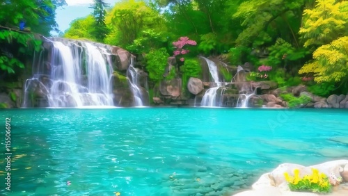 two small waterfalls are beside a blue pool with green water in the middle of a jungle