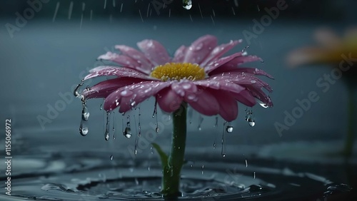 a flower in a glass vase with a dripping drop of water on it's petals photo