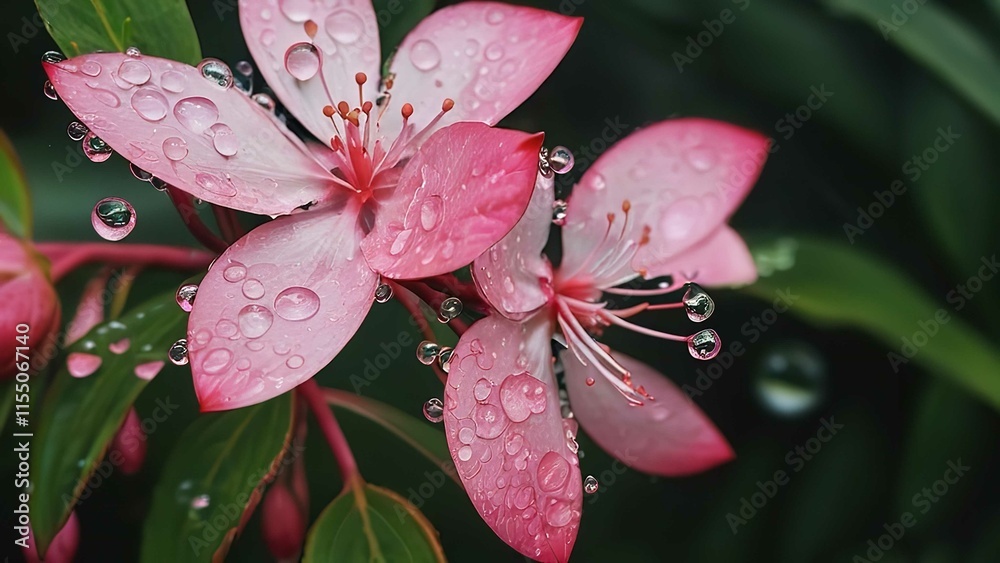 some pink flowers with green leaves and water droplets in the rain photo is of the nature background some pink flowers with green leaves and water droplets in the rain photo is of the nature background