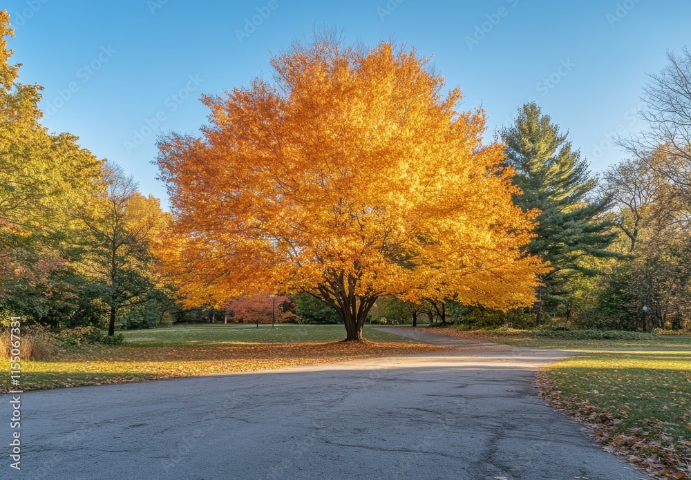 Naklejka premium Vibrant Autumn Tree Spreading Its Golden Leaves Over a Calm Park Landscape on a Clear Day with a Soft Blue Sky in the Background