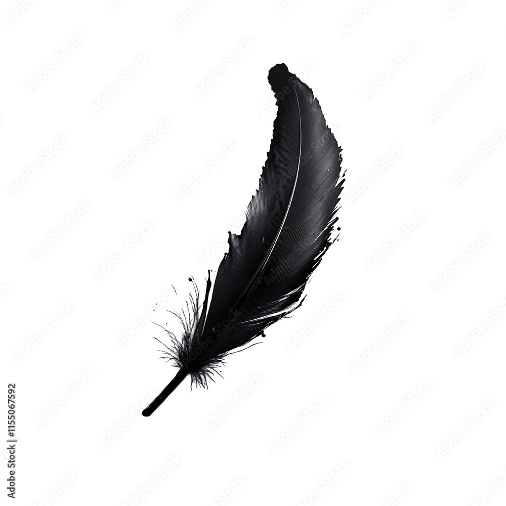 Black feather with artistic ink splatter isolated on transparent background.