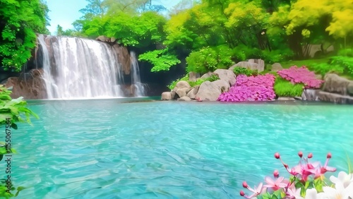 two small waterfalls are beside a blue pool with green water in the middle of a jungle