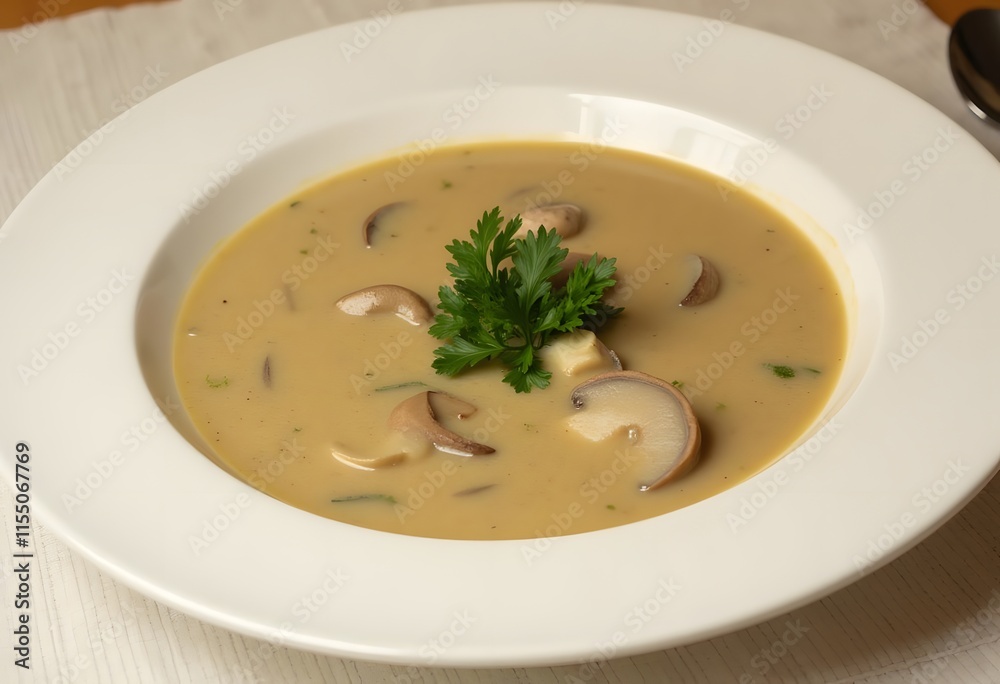 Mushroom cream soup on wooden background
Mushroom cream soup on wooden background