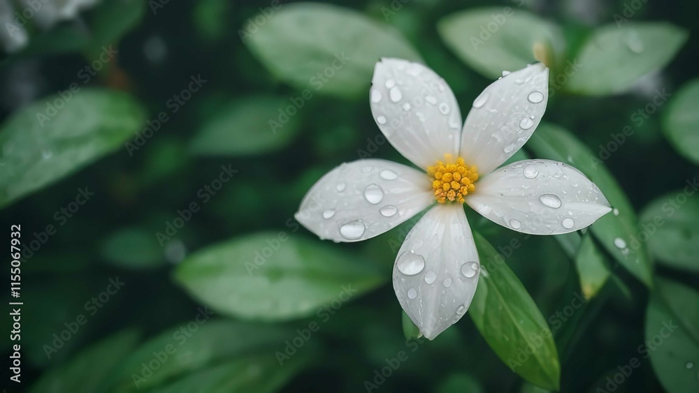 a white flower is standing among some leaves with dewdrops on the petals and green stems a white flower is standing among some leaves with dewdrops on the petals and green stems