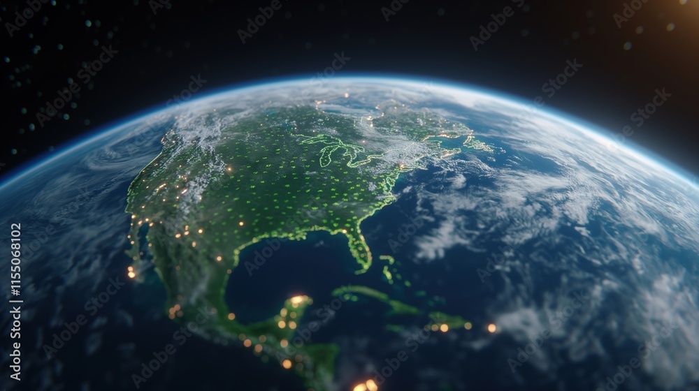 Obraz premium A vivid view of North America from space, highlighting cities illuminated at night against the backdrop of the Earth's atmosphere.