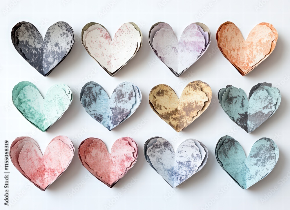 Obraz premium watercolor pastel color heart shape paper cutouts on white background. happy valentines day consept