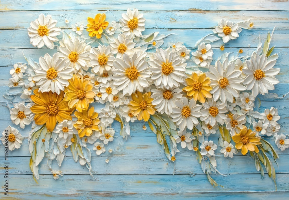 Obraz premium Vibrant Floral Arrangement with Yellow and White Flowers on a Blue Wooden Background, Perfect for Celebrating Nature and Elegance in Design Projects