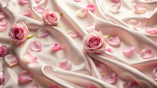 Delicate pink rose petals scattered on a soft, smooth silk fabric, with intricate patterns and subtle texture, floral patterns, flower arrangement