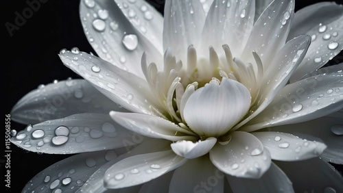a white flower on a black background with water drops on the petals and leaves