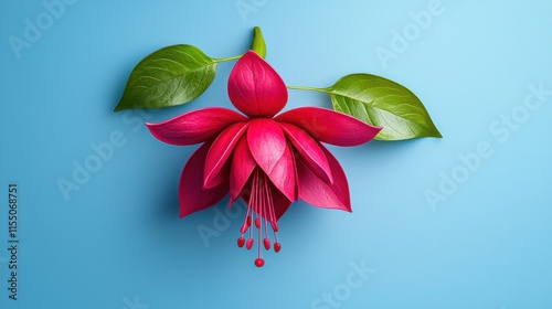 Vibrant Fuschia Flower with Green Leaves on Blue Background photo