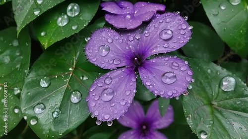a close up of rain drops on a flower with leaves on it's petals