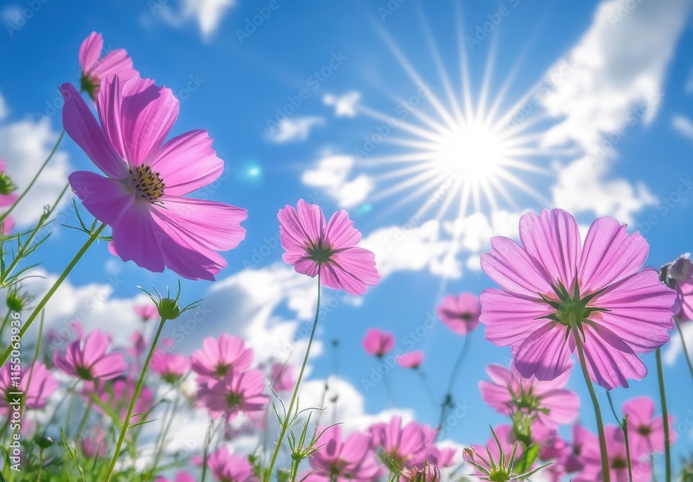 Vibrant Pink Cosmos Flowers Against a Bright Blue Sky with a Shining Sun and Fluffy White Clouds on a Beautiful Day in Nature Vibrant Pink Cosmos Flowers Against a Bright Blue Sky with a Shining Sun and Fluffy White Clouds on a Beautiful Day in Nature