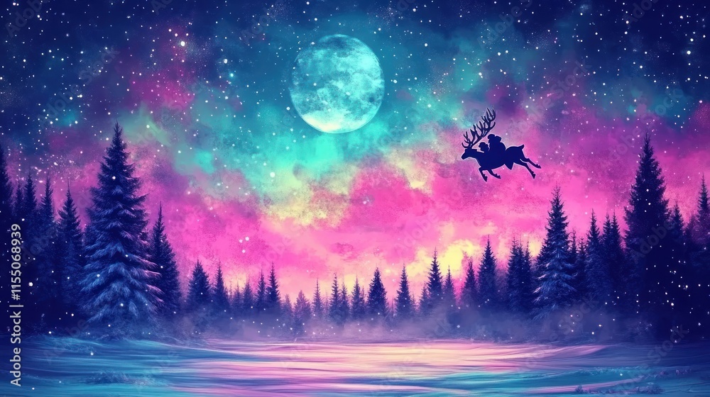 Naklejka premium Magical Christmas Night: Santa's Flight Over a Dreamy Winter Forest Under a Full Moon
