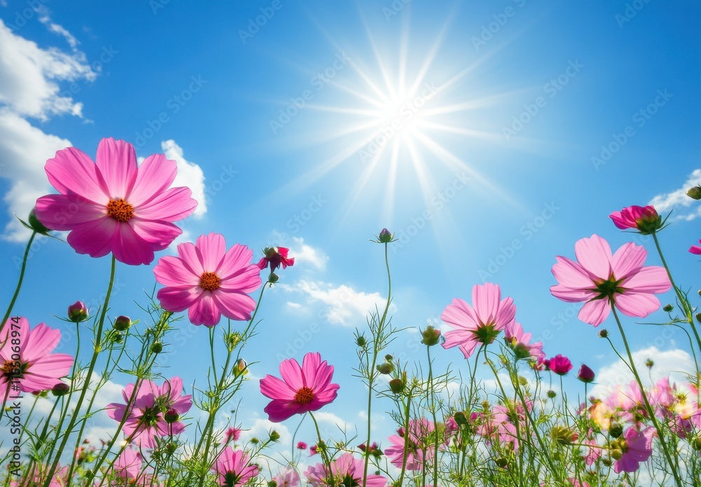 Vibrant Pink Cosmos Flowers Blooming Against a Bright Blue Sky with Radiant Sunlight and Soft Clouds in an Idyllic Natural Setting Vibrant Pink Cosmos Flowers Blooming Against a Bright Blue Sky with Radiant Sunlight and Soft Clouds in an Idyllic Natural Setting
