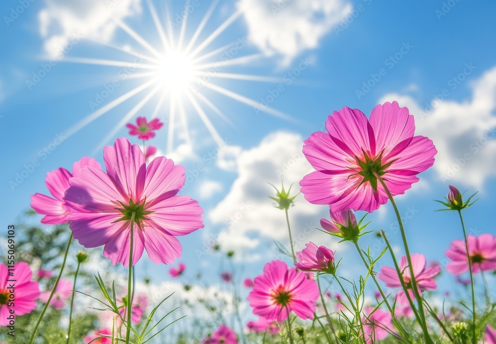 Vibrant Pink Cosmos Flowers Stretching Towards a Bright Sun in a Clear Blue Sky with Fluffy White Clouds on a Beautiful Day in Nature's Garden Vibrant Pink Cosmos Flowers Stretching Towards a Bright Sun in a Clear Blue Sky with Fluffy White Clouds on a Beautiful Day in Nature's Garden