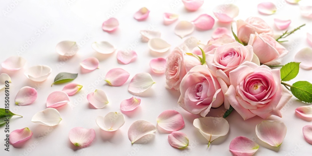Fototapeta premium Soft pink rose petals scattered on a white background with a few stems and leaves , pink roses, delicate
